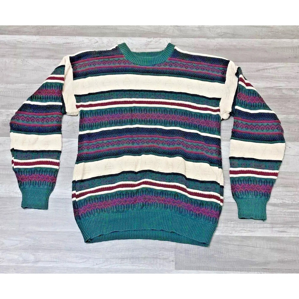 Y2K Munsingwear Pullover Sweater Men S Green‎ Knit Striped Long Sleeve Cotton